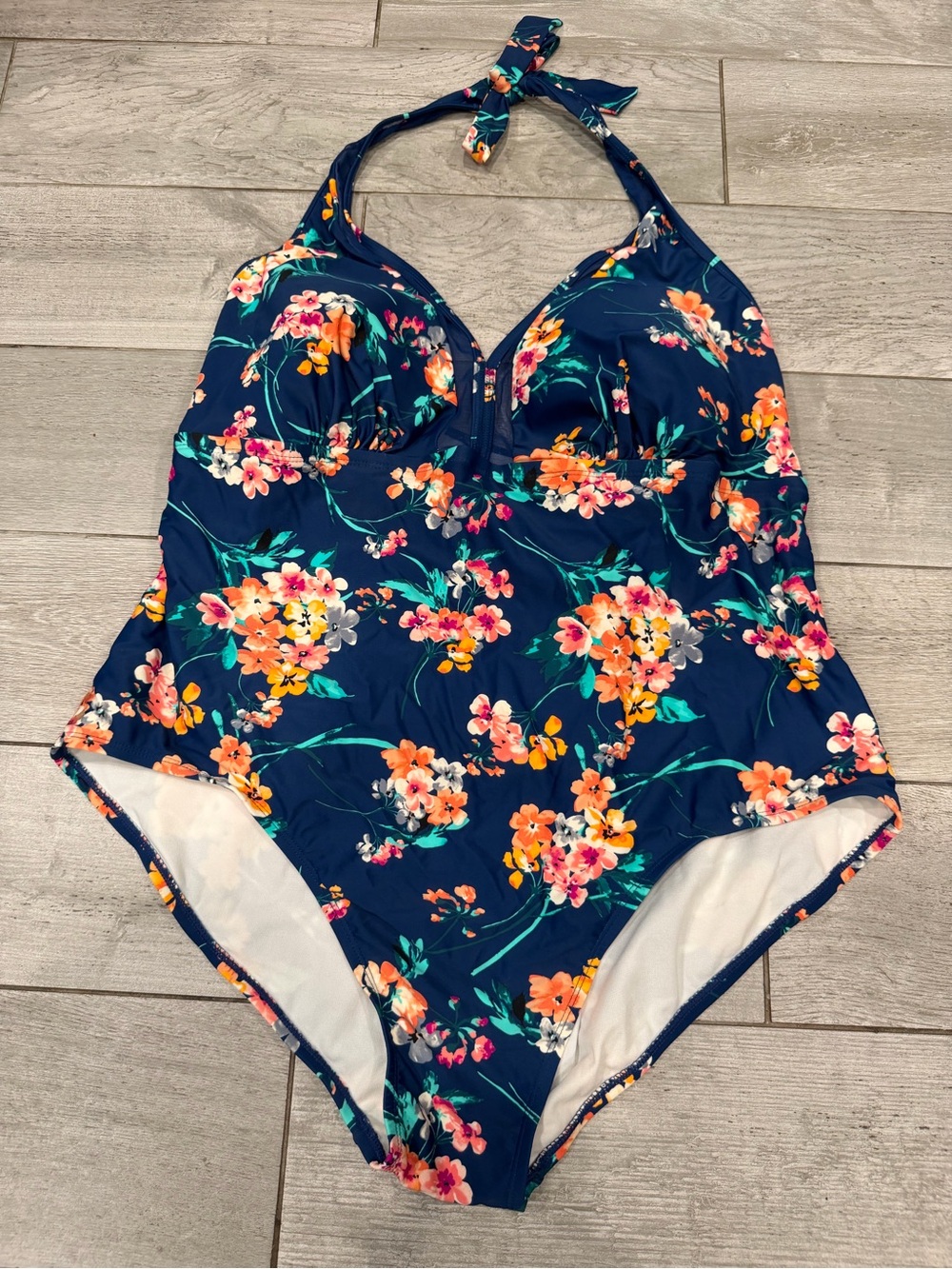 Time and Tru Navy Floral Halter One-Piece Swimsuit with Orange & Pink Flowers